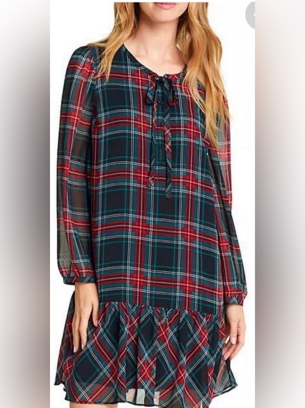 Draper James  Red and Black Plaid Tie-Neck Dress L